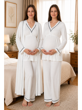 Effortt 4054 Ekru Biye Detaylı Sabahlıklı Lohusa Pijama Takımı
